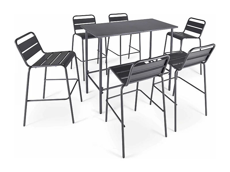 Ensemble table haute de jardin et 6 chaises en métal gris - Palavas