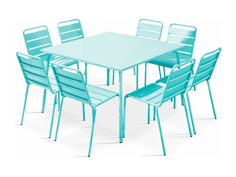 Ensemble table de jardin et 8 chaises en métal turquoise - Palavas