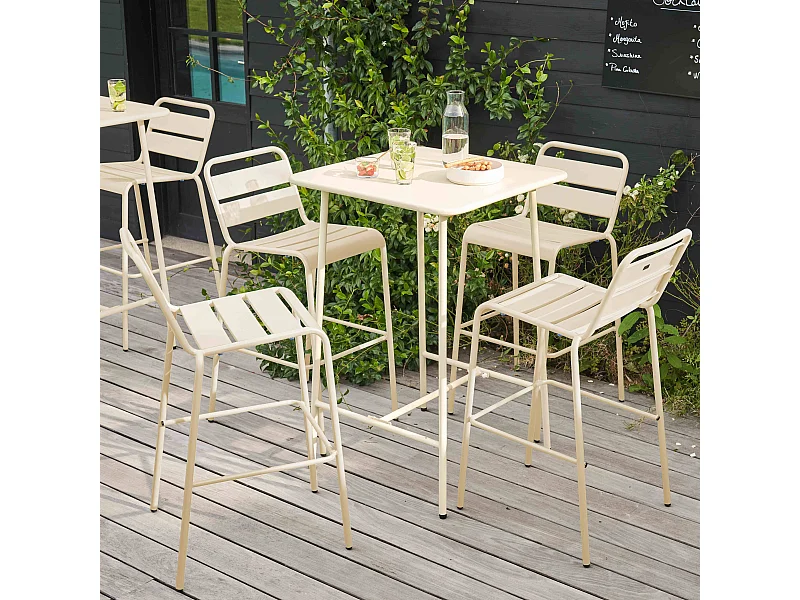 Ensemble table de bar et 4 chaises hautes en métal ivoire - Palavas