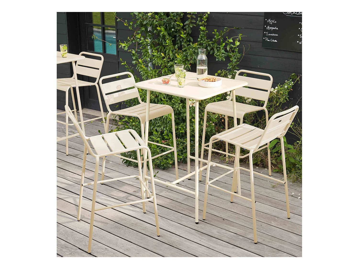 Ensemble table de bar et 4 chaises hautes en métal ivoire - Palavas