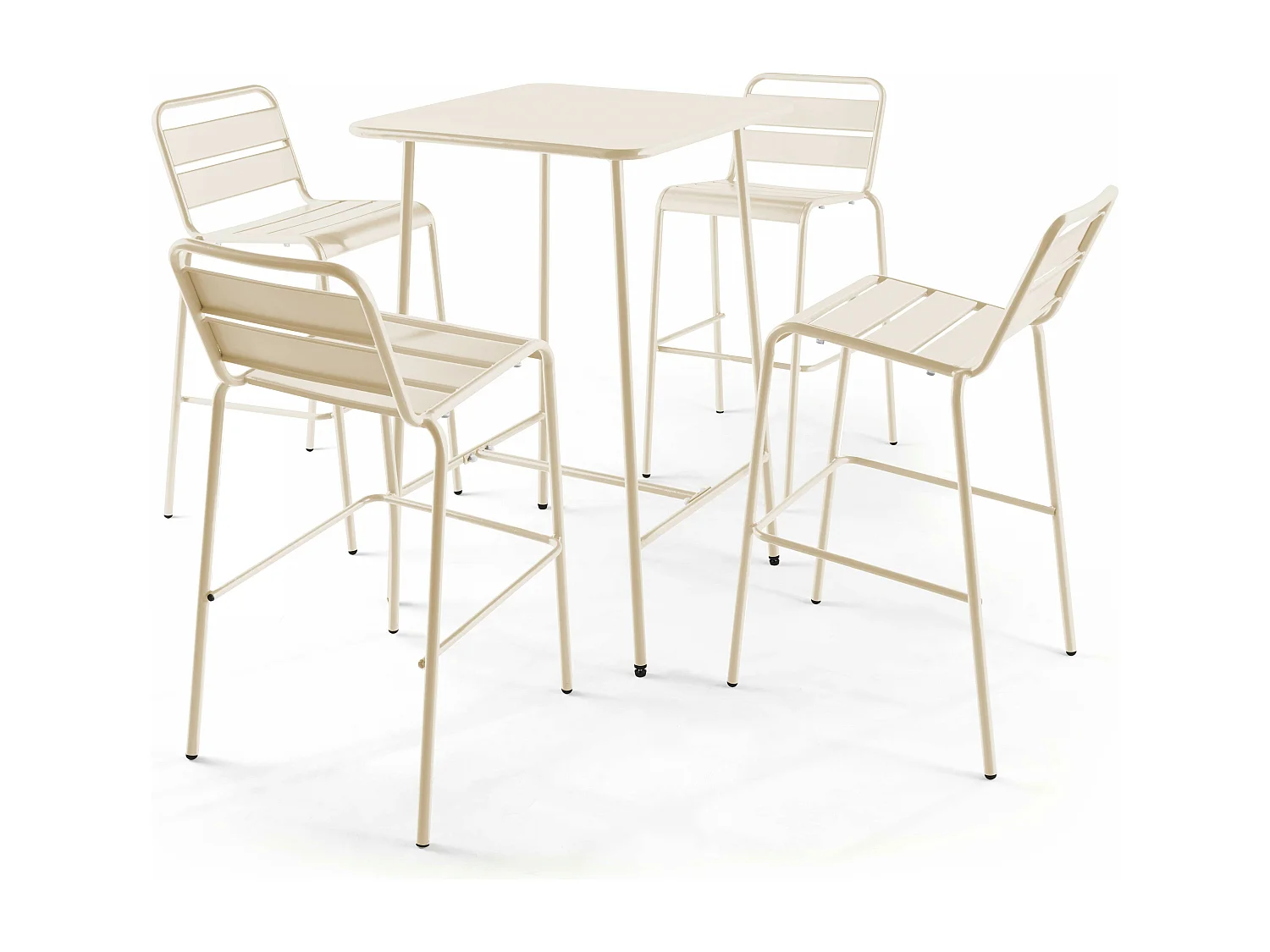 Set bartafel en 4 hoge stoelen van ivoor metaal
