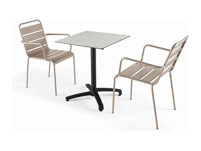 Ensemble table de jardin stratifié terrazzo et 2 fauteuils taupe