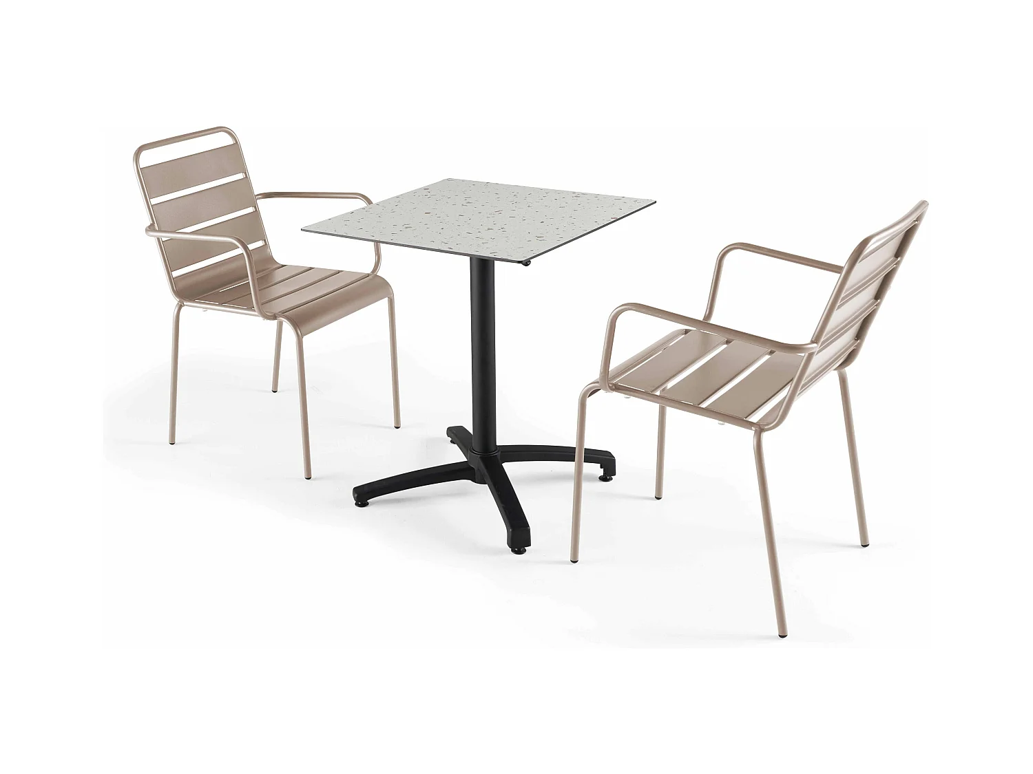 Ensemble table de jardin stratifié terrazzo et 2 fauteuils taupe
