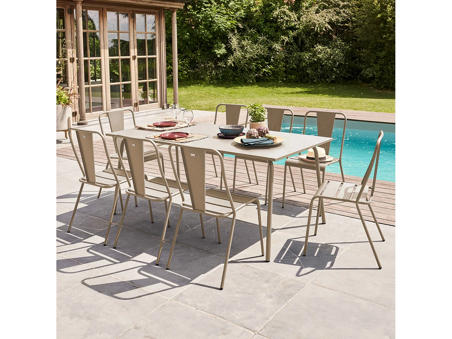 Ensemble table de jardin et 8 chaises bistrot en acier taupe - Palavas