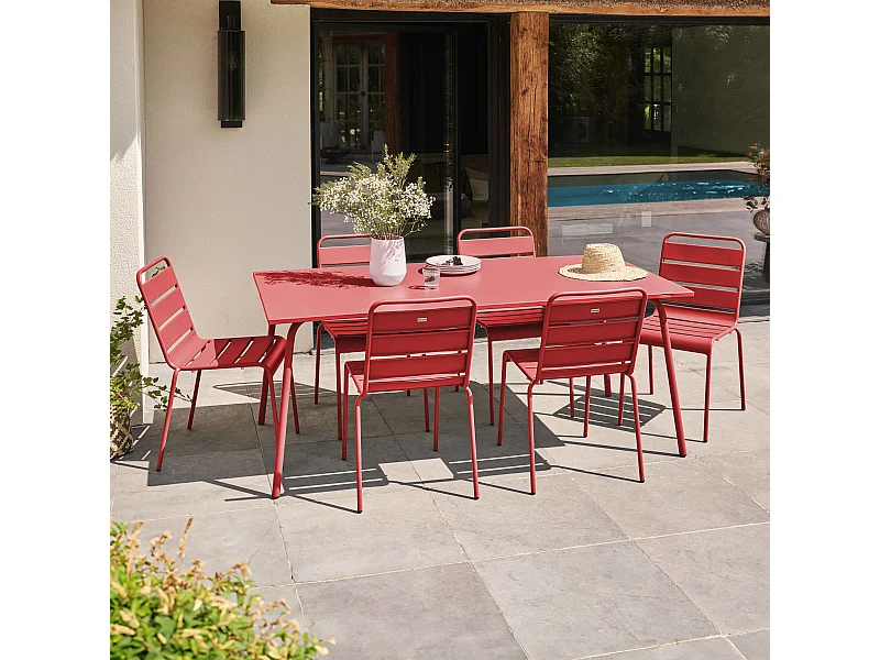 Ensemble table de jardin et 6 chaises en métal rouge - Palavas