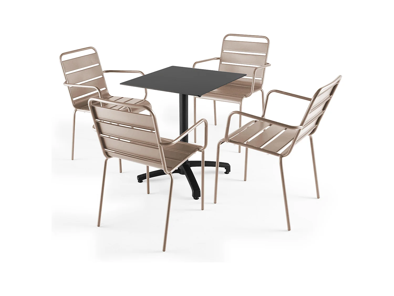 Ensemble table de terrasse stratifié noir et 4 fauteuils taupe