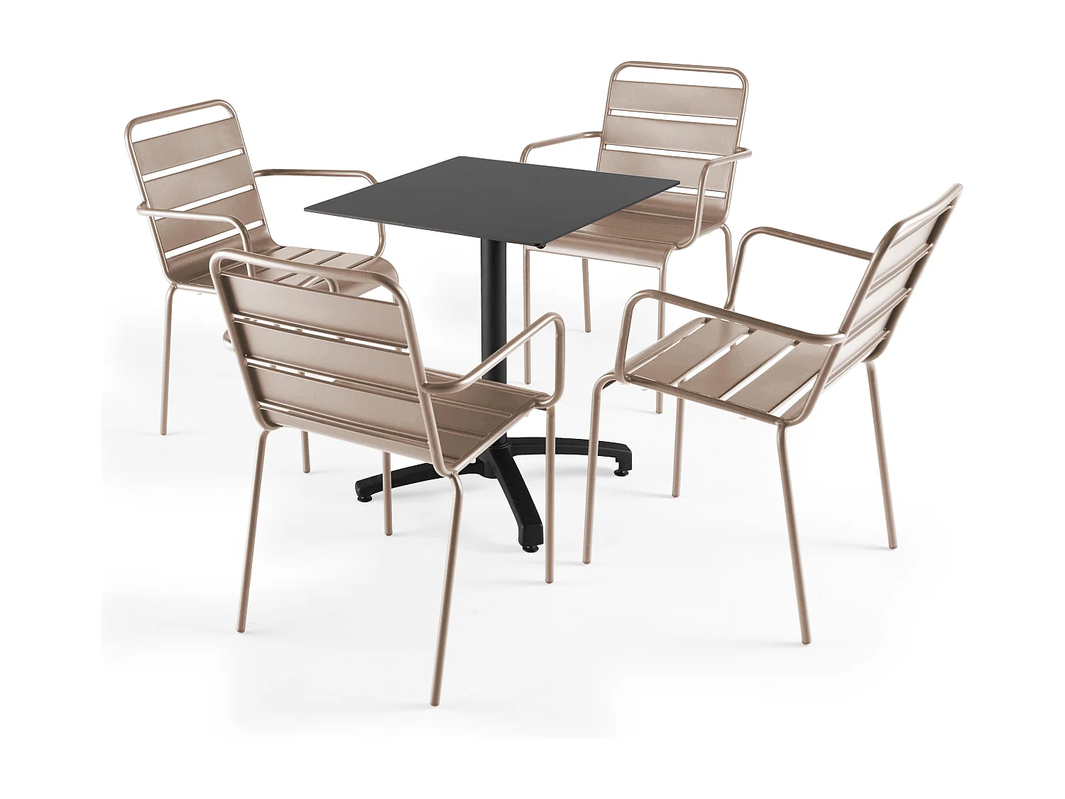 Ensemble table de terrasse stratifié noir et 4 fauteuils taupe