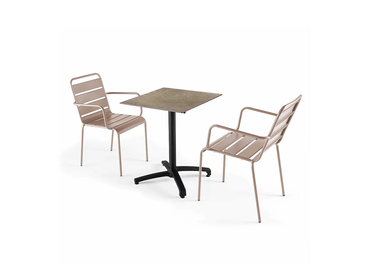 Ensemble table de terrasse stratifié marbre et 2 fauteuils taupe