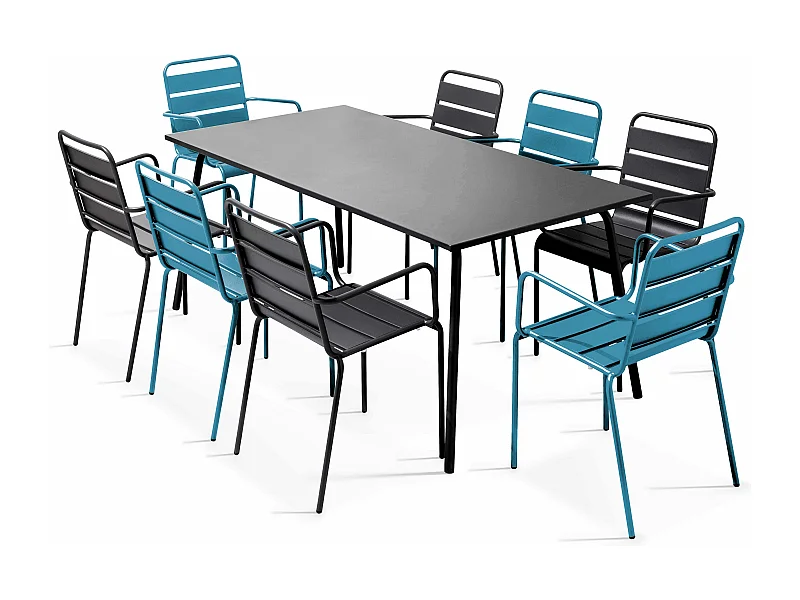 Tuinset met tafel en 8 stoelen in blauw pacific en grijs metaal
