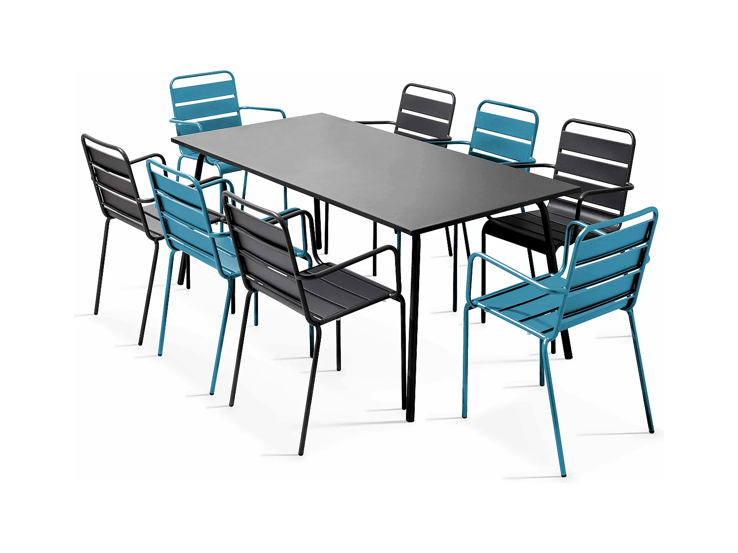 Ensemble table de jardin et 8 fauteuils en métal bleu pacific et gris  - Palavas