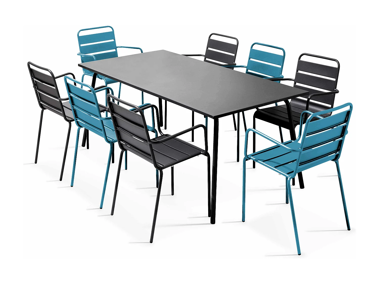 Tuinset met tafel en 8 stoelen in blauw pacific en grijs metaal