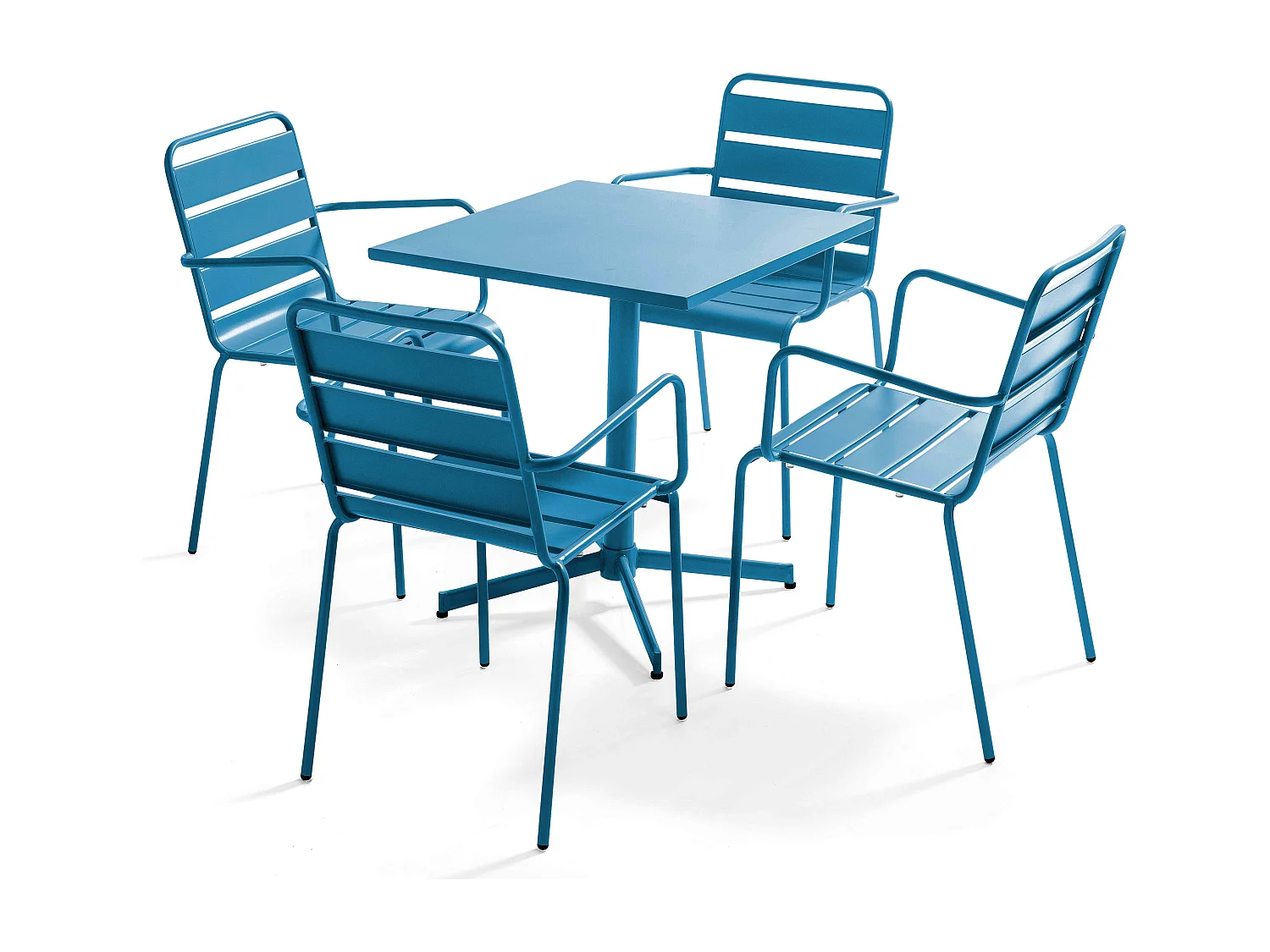 Tuinset met tafel en 4 fauteuils van blauw pacifisch metaal