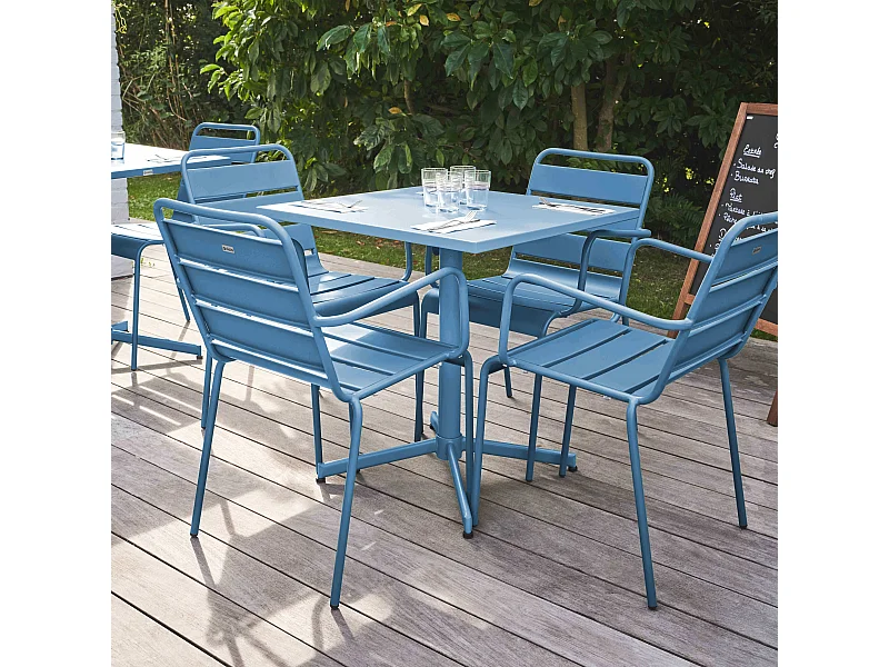 Ensemble table de jardin et 4 fauteuils en métal bleu pacific - Palavas
