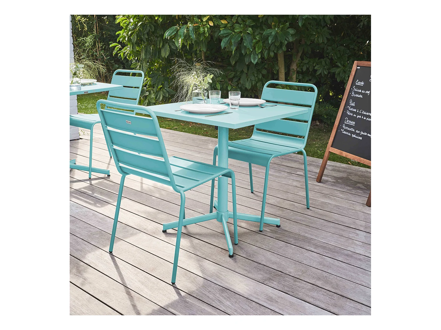 Ensemble table de jardin carrée et 2 chaises métal turquoise - Palavas