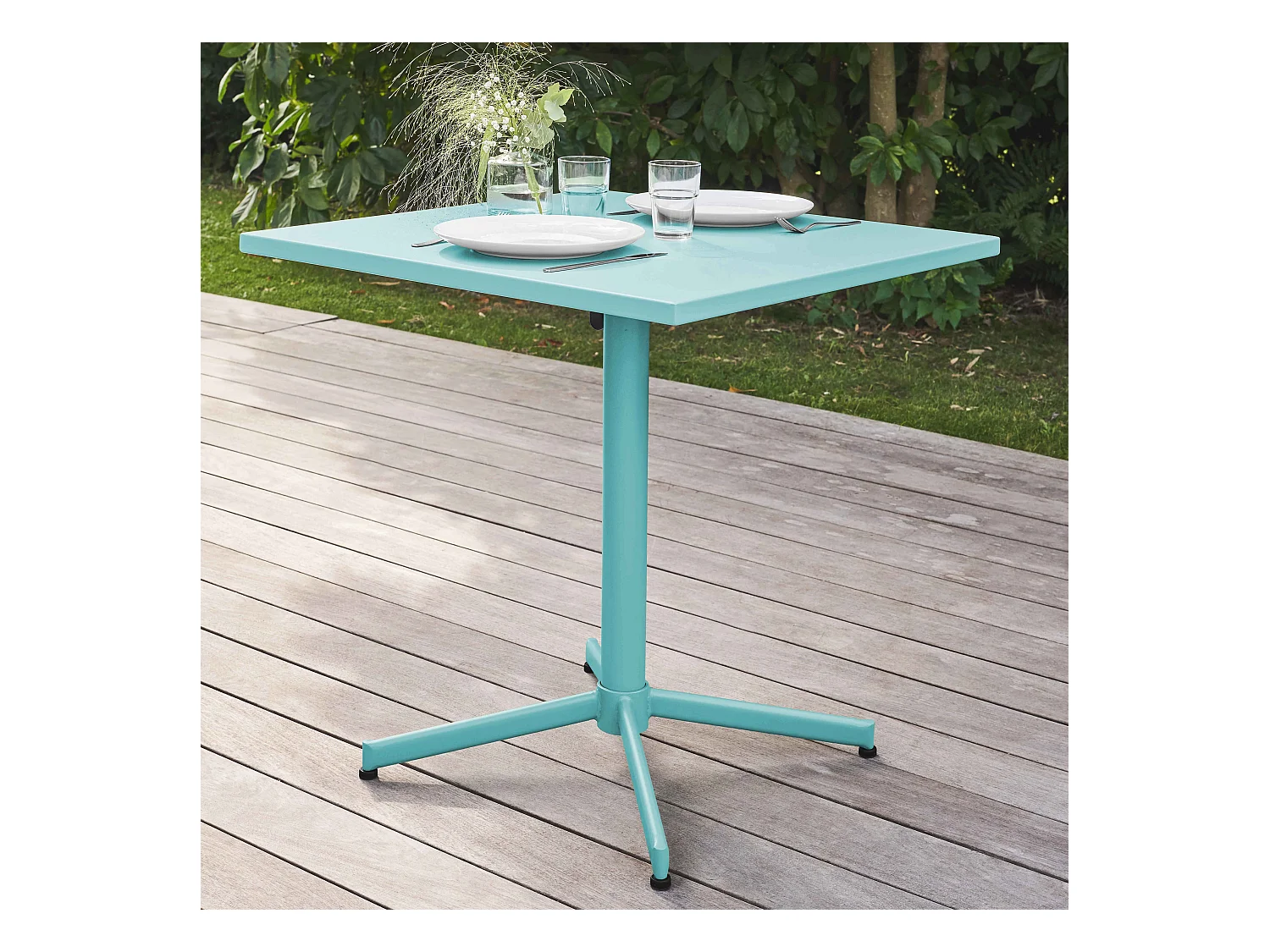 Ensemble table de jardin carrée et 2 chaises métal turquoise - Palavas