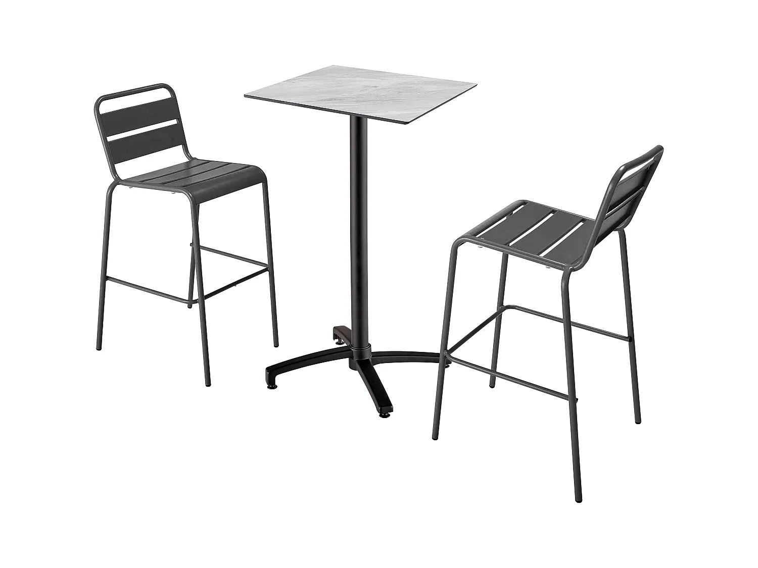 Ensemble table haute stratifié marbre et 2 chaises hautes gris