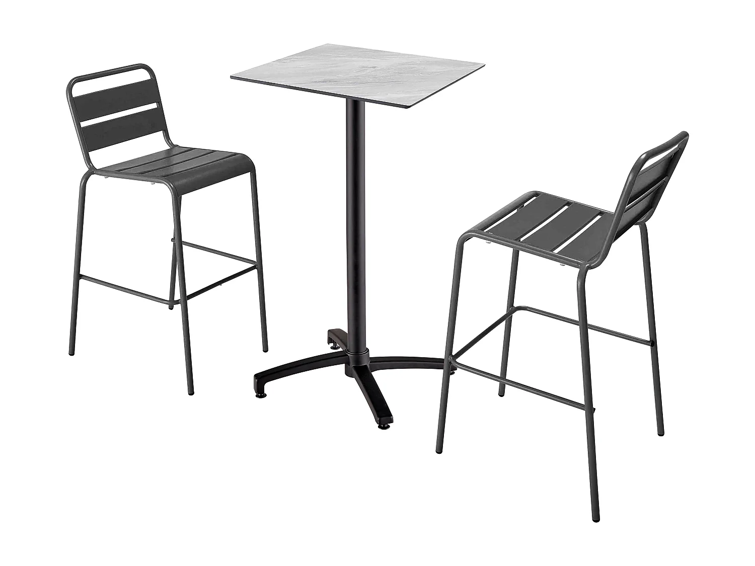 Ensemble table haute stratifié marbre et 2 chaises hautes gris
