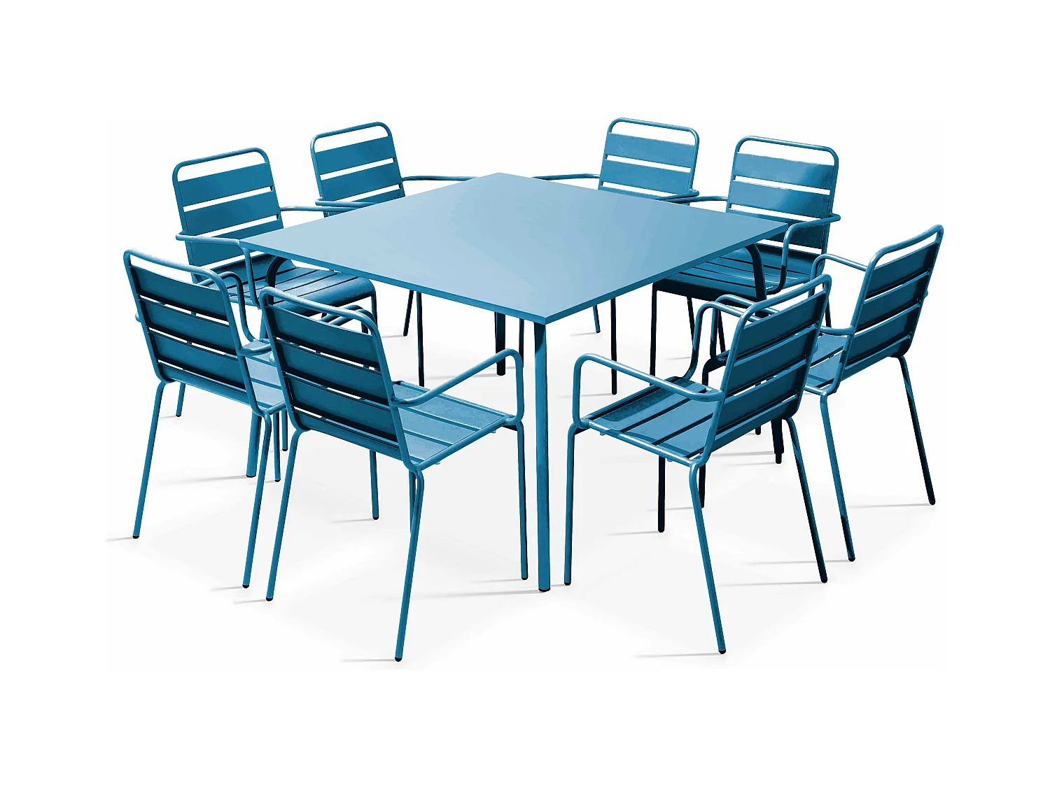 Ensemble table de jardin carrée et 8 fauteuils en métal bleu pacific - Palavas