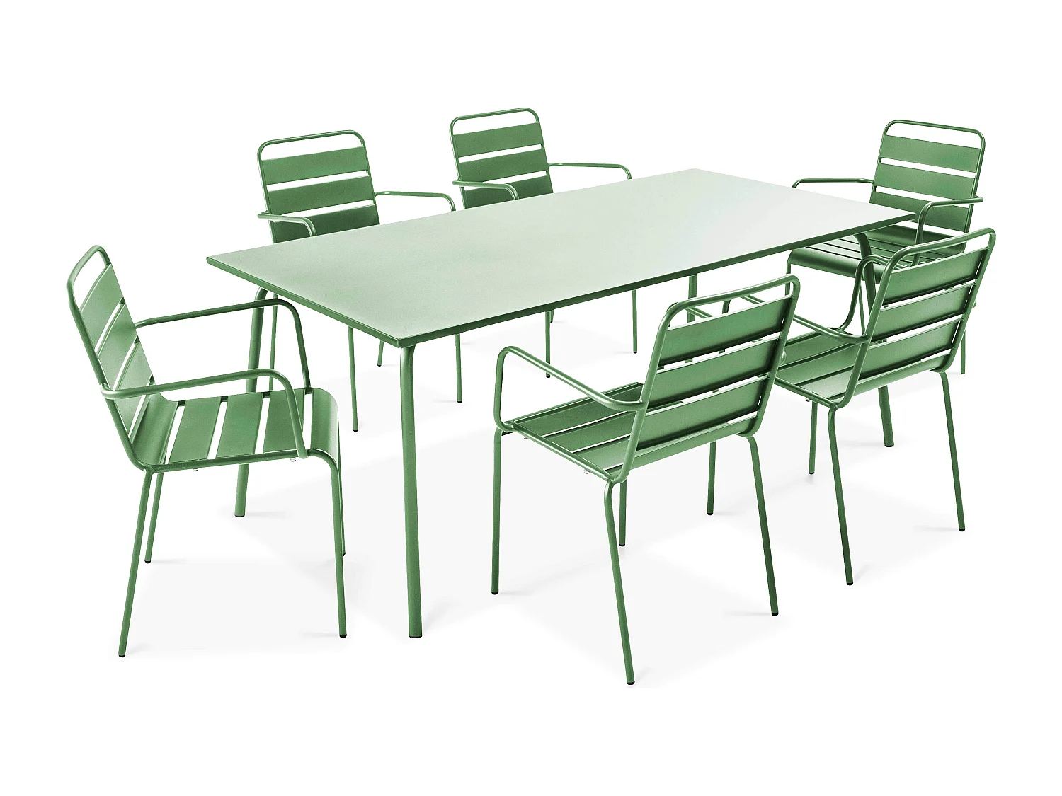 Tuinset met tafel en 6 fauteuils in cactusgroen metaal
