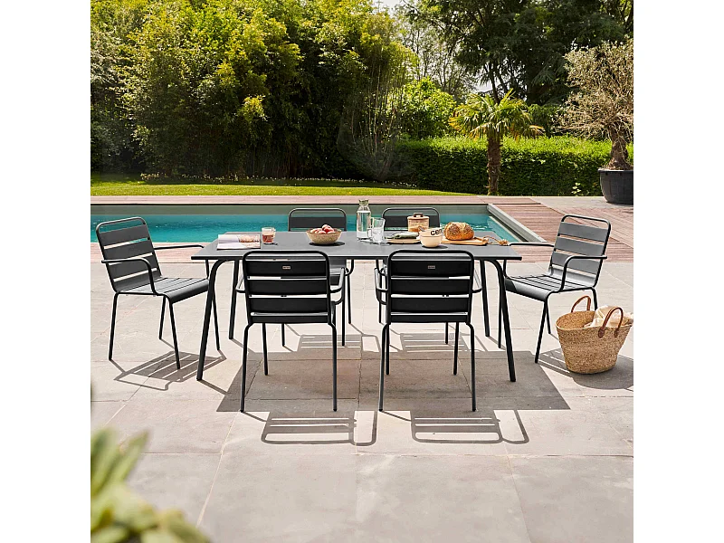 Ensemble table de jardin et 6 fauteuils en métal gris - Palavas