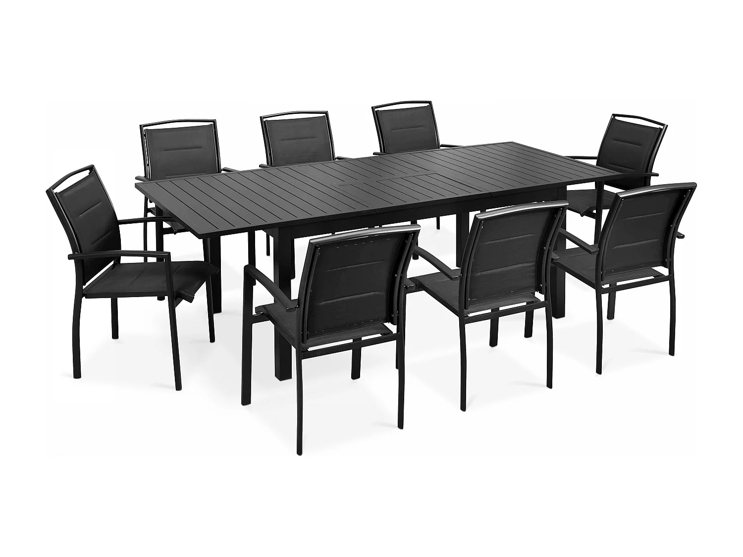Ensemble table de jardin extensible et 8 fauteuils en aluminium noir