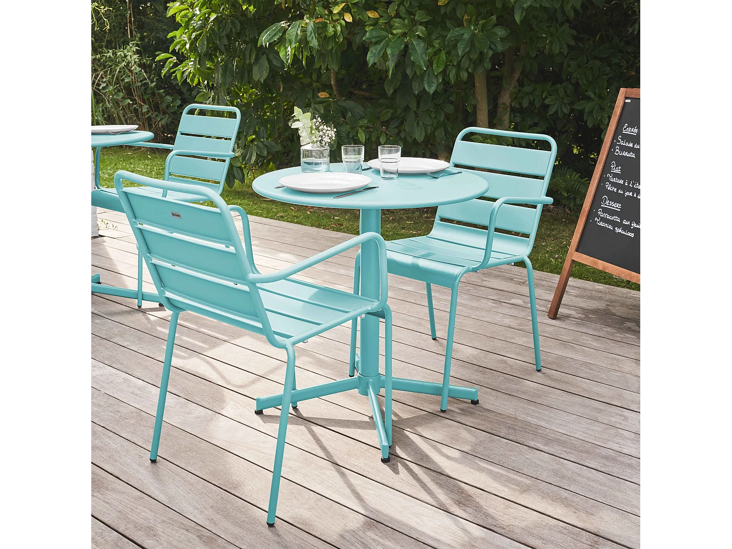 Ensemble table de jardin et 2 fauteuils métal turquoise - Palavas