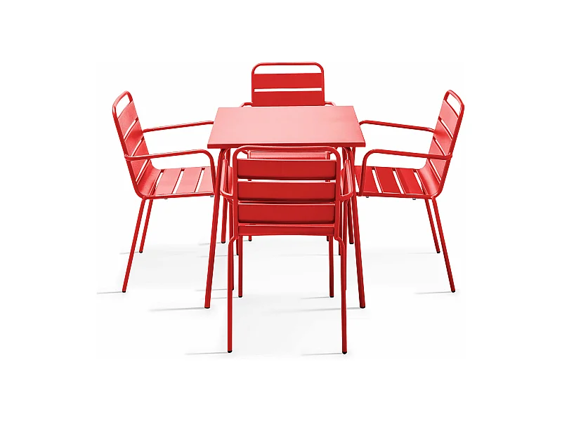 Ensemble table de jardin carrée et 4 fauteuils acier rouge - Palavas