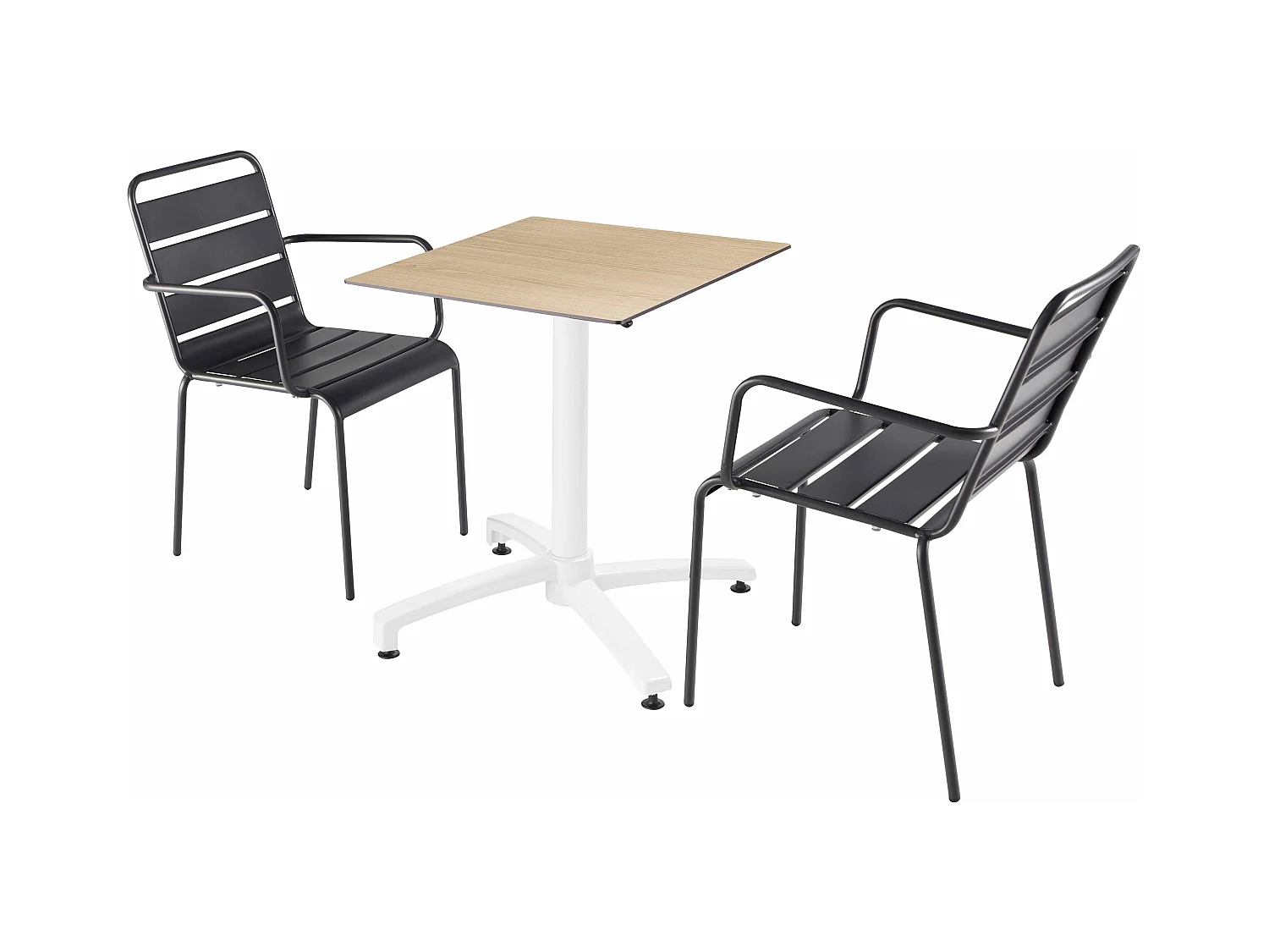 Ensemble table de terrasse chêne et 2 fauteuils gris