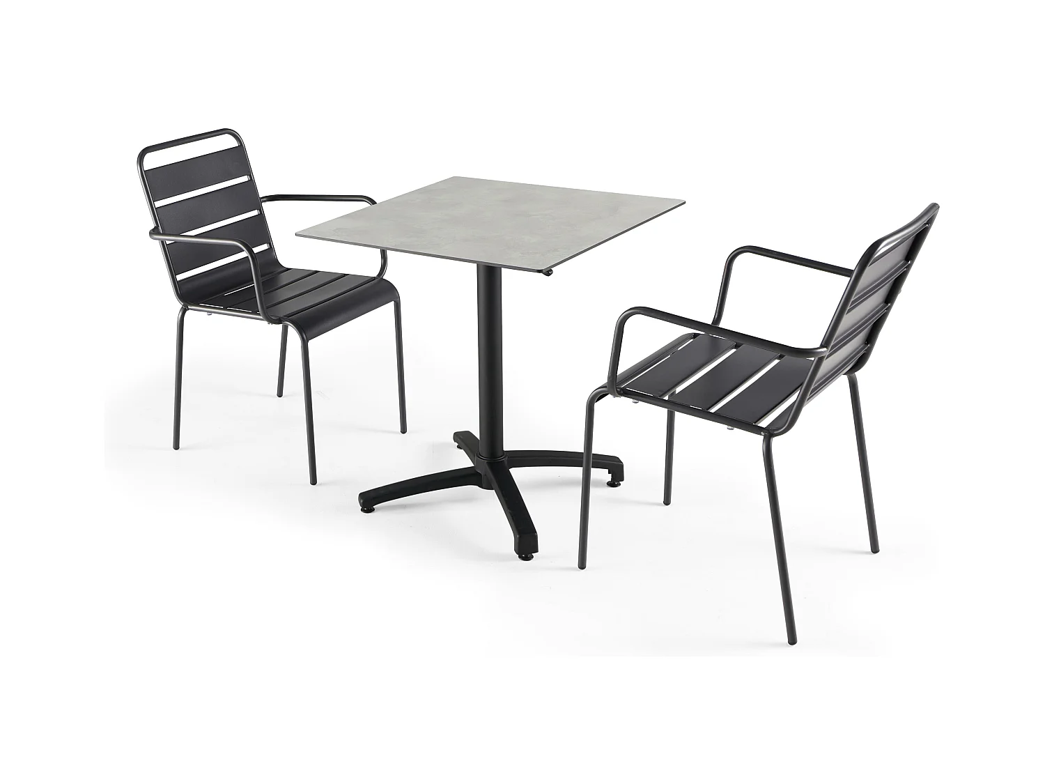 Ensemble table jardin stratifié beton gris clair et 2 fauteuils gris