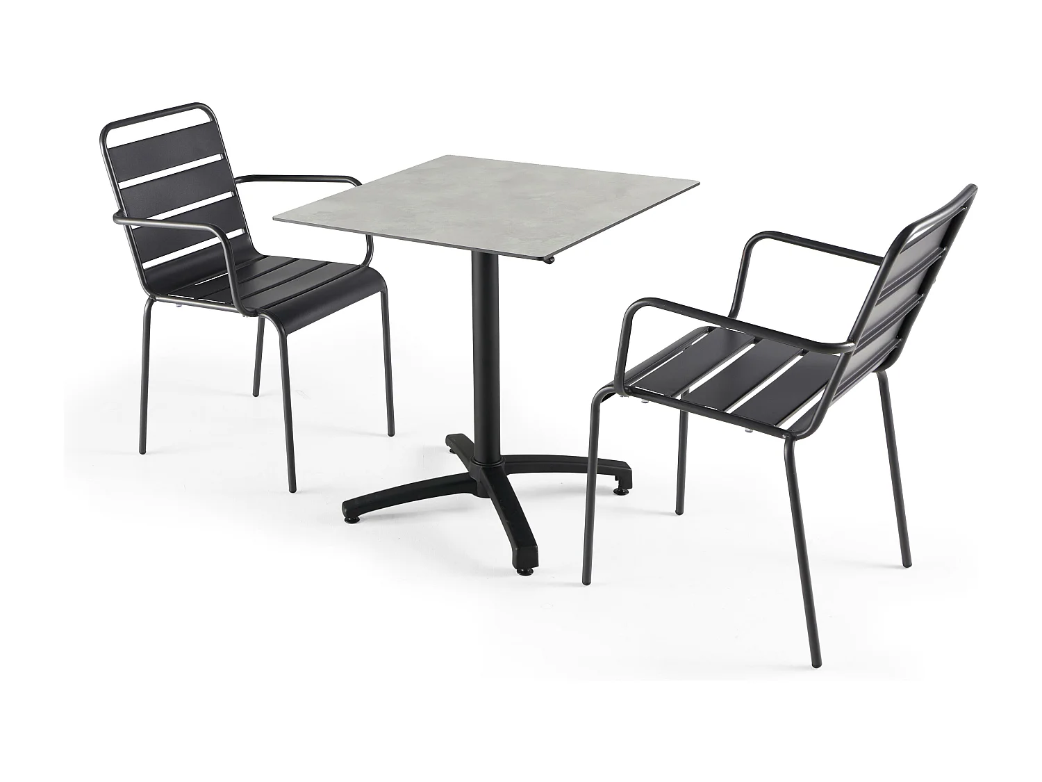 Ensemble table terrasse stratifié beton gris clair et 2 fauteuils gris