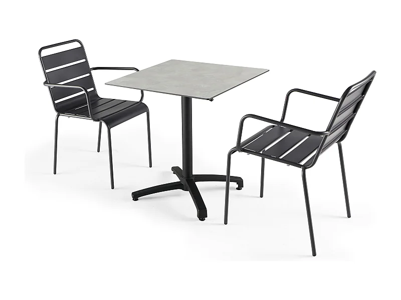 Set tuintafel met lichtgrijze betonnen laminaat en 2 grijze fauteuils