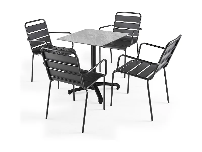 Ensemble table de terrasse stratifié marbre et 4 fauteuils gris
