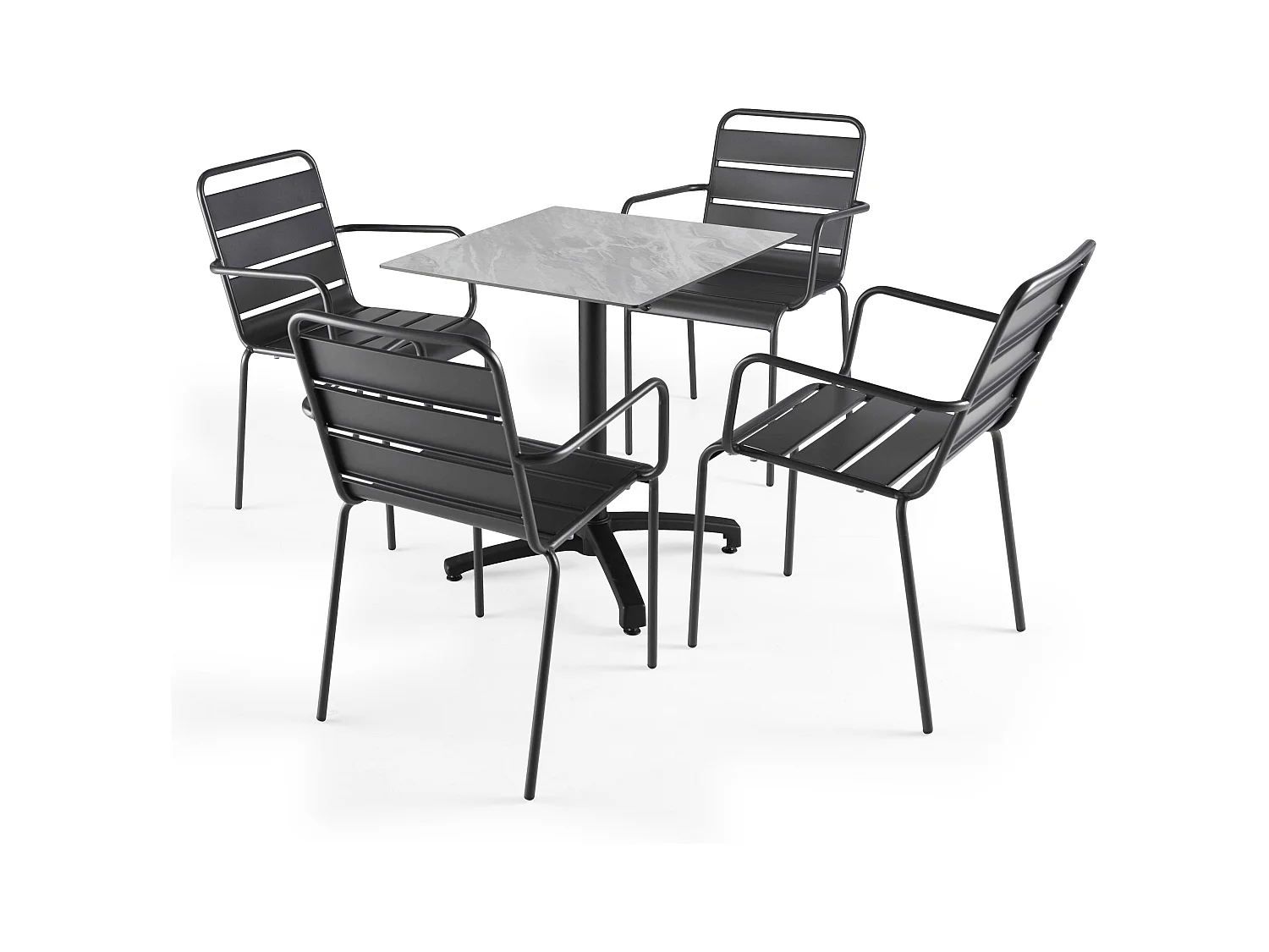 Ensemble table de terrasse stratifié marbre et 4 fauteuils gris