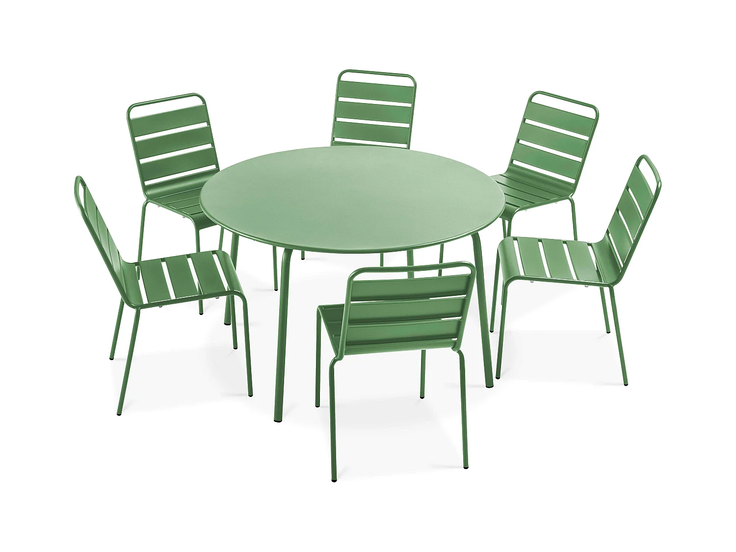 Ensemble table de jardin ronde et 6 chaises en métal vert cactus - Palavas