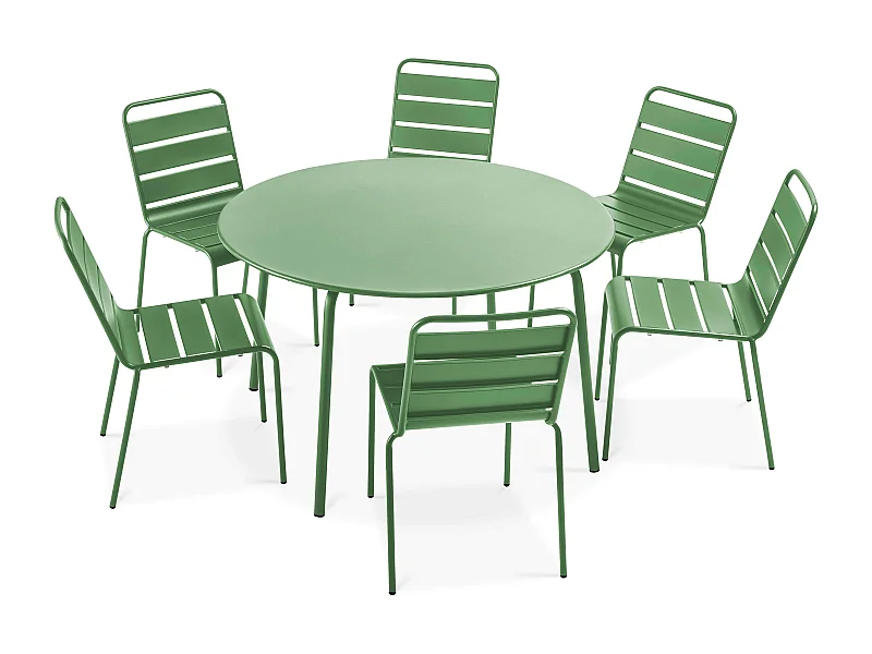 Set van een ronde tuin tafel en 6 groene cactus stoelen