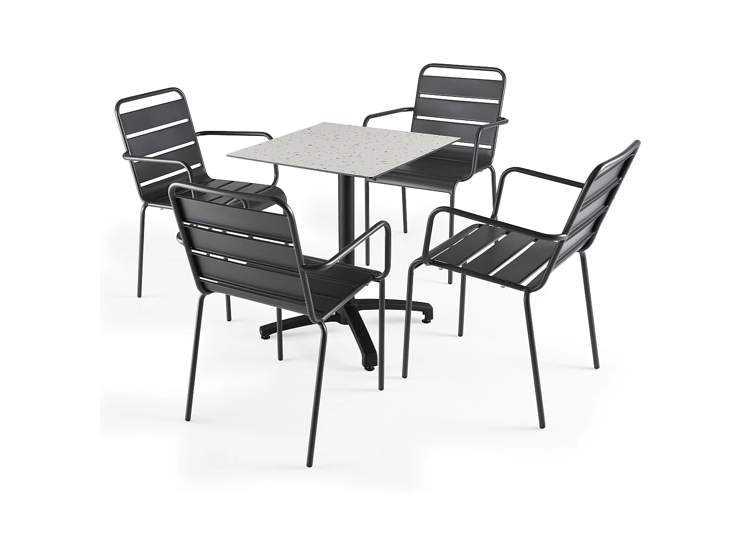 Ensemble table de terrasse stratifié terrazzo et 4 fauteuils gris