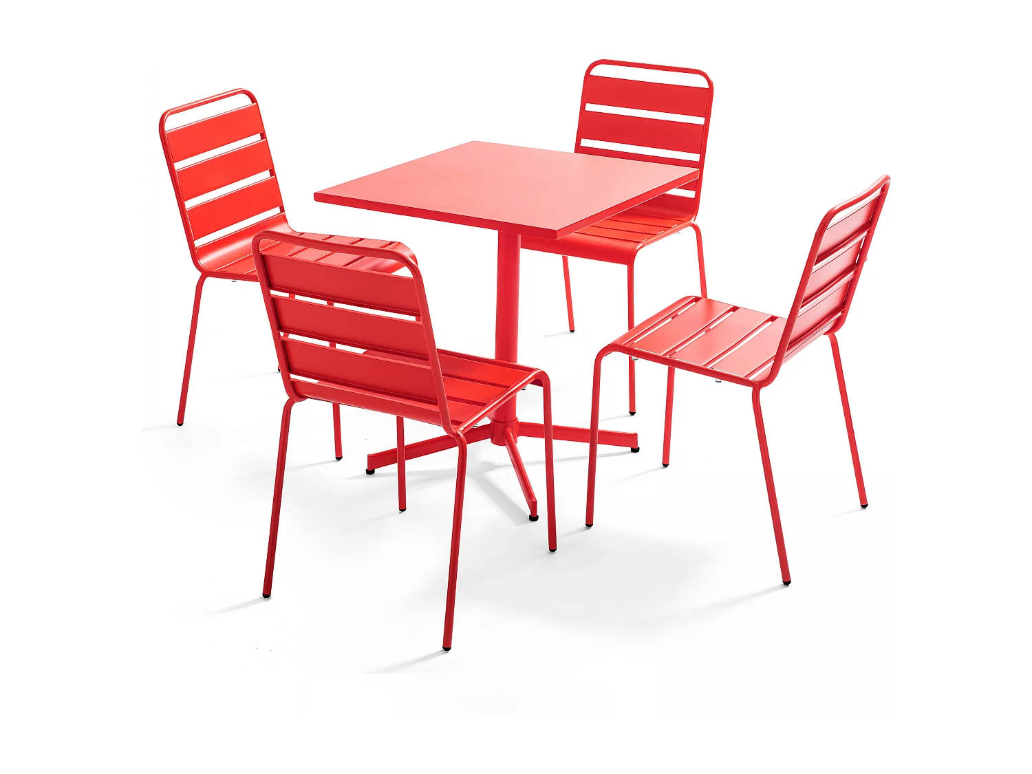 Set van een vierkante tuintafel en 4 rode stoelen