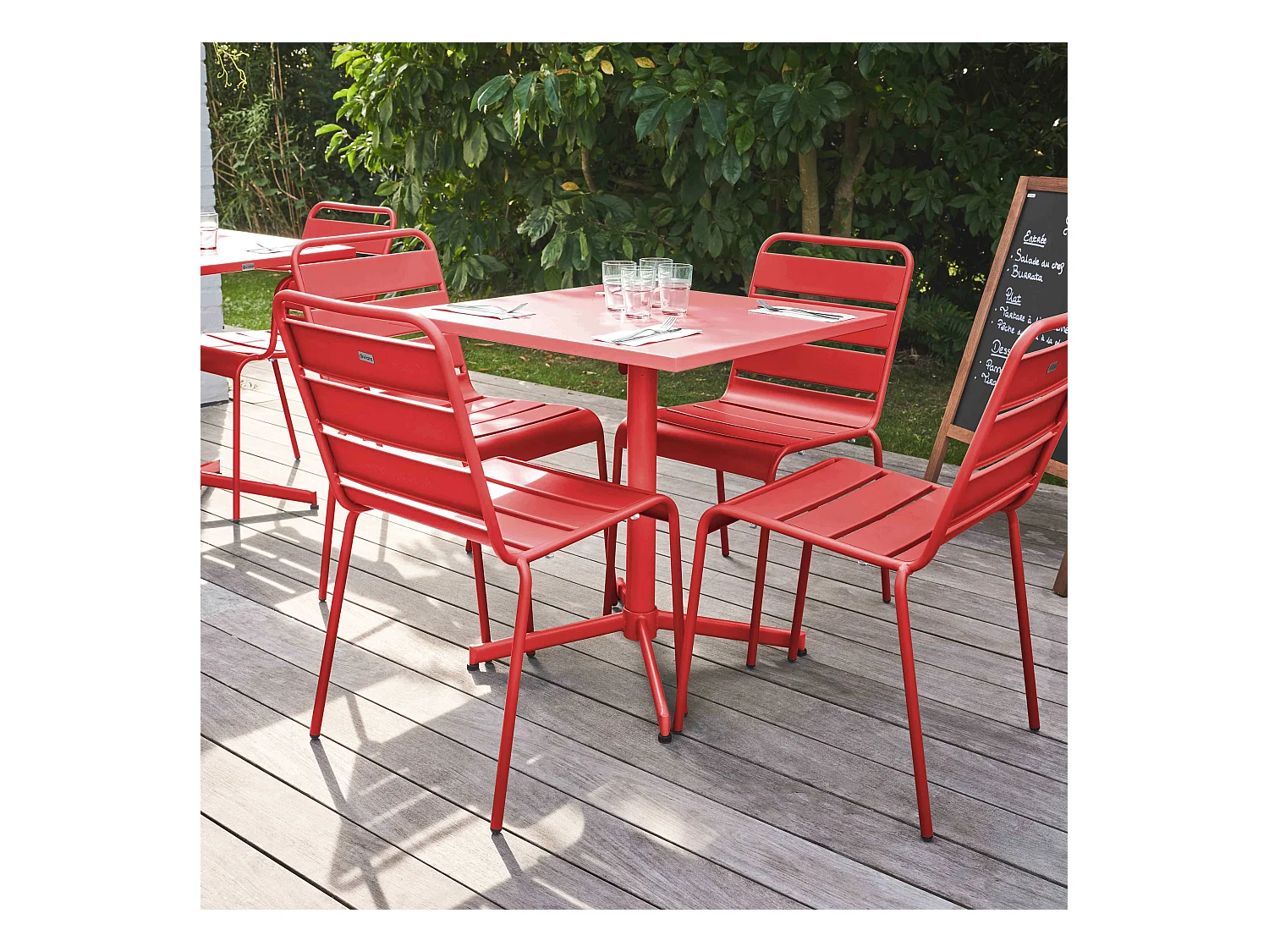 Ensemble table de jardin carrée et 4 chaises rouge - Palavas