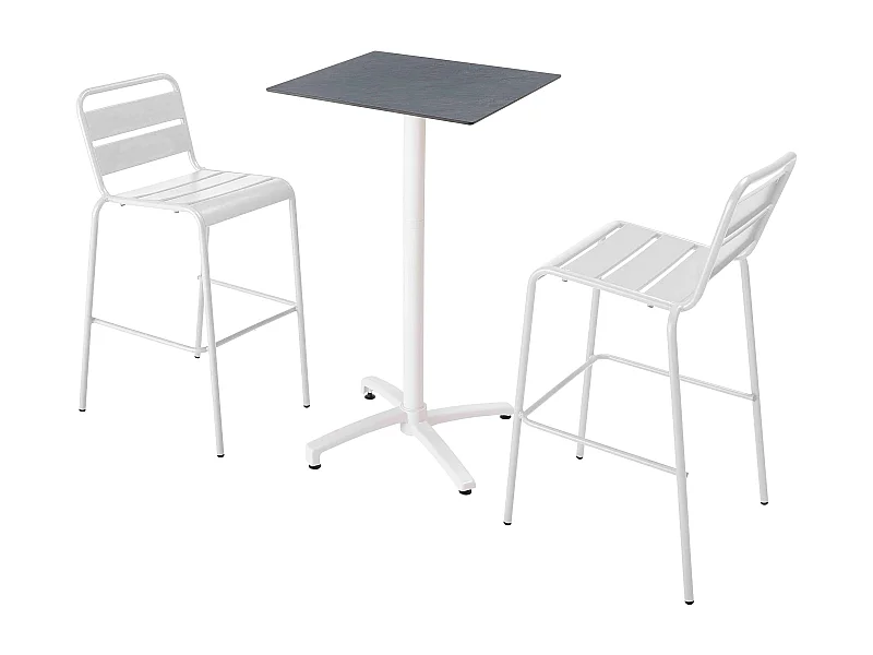 Set hoge tafel met leisteen grijze laminaat en 2 hoge witte stoelen