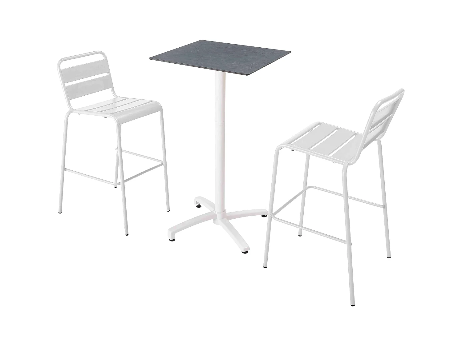 Ensemble table haute stratifié ardoise gris et 2 chaises hautes blanc