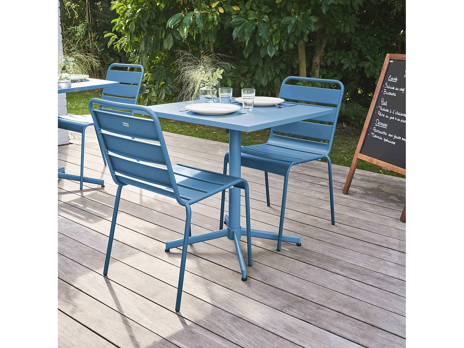 Ensemble table de jardin carrée et 2 chaises métal bleu pacific - Palavas