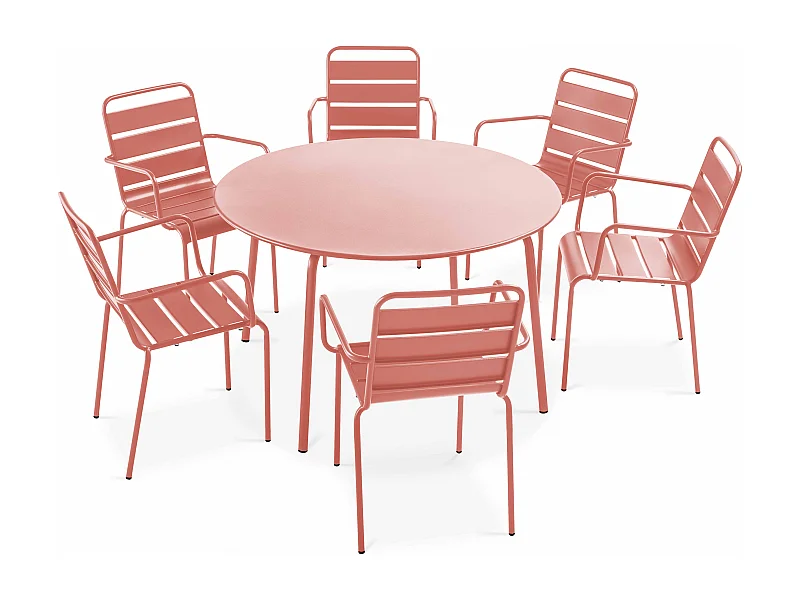 Ensemble table de jardin ronde et 6 fauteuils acier argile - Palavas
