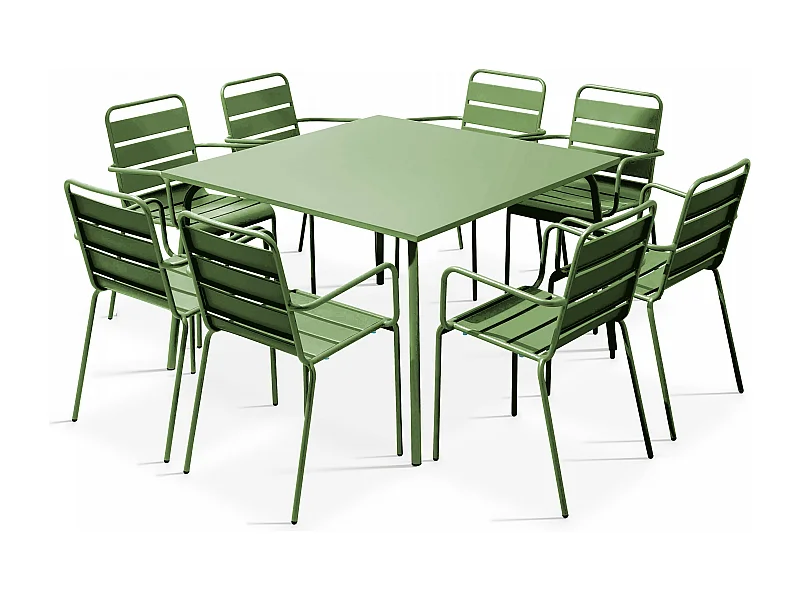 Ensemble table de jardin carrée et 8 fauteuils en métal vert cactus  - Palavas