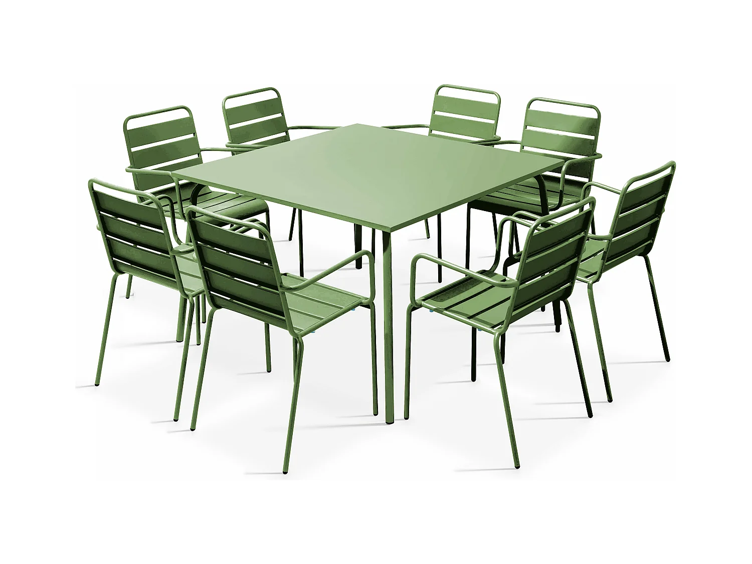 Ensemble table de jardin carrée et 8 fauteuils en métal vert cactus  - Palavas