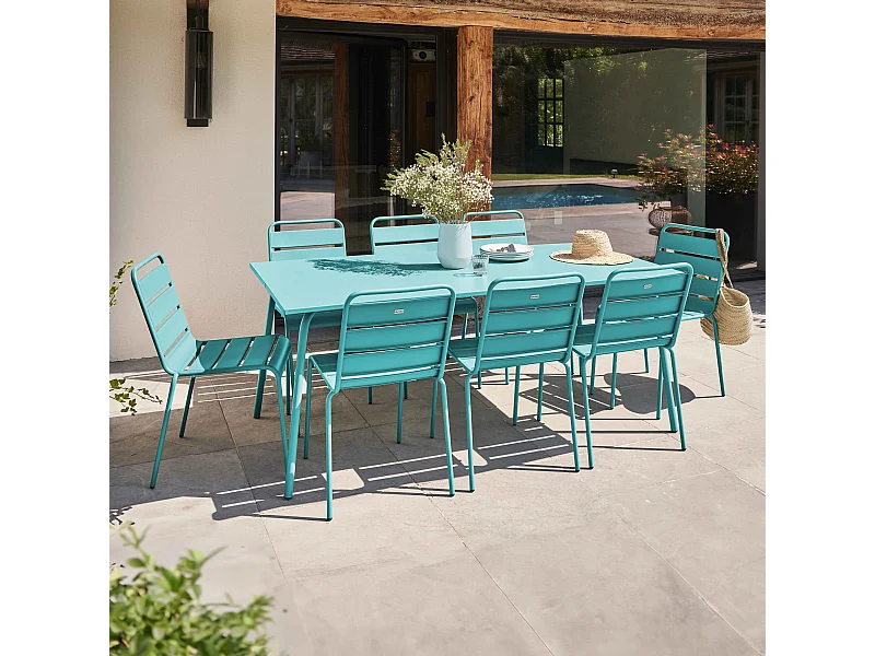 Tuinset met tafel en 8 turquoise stoelen