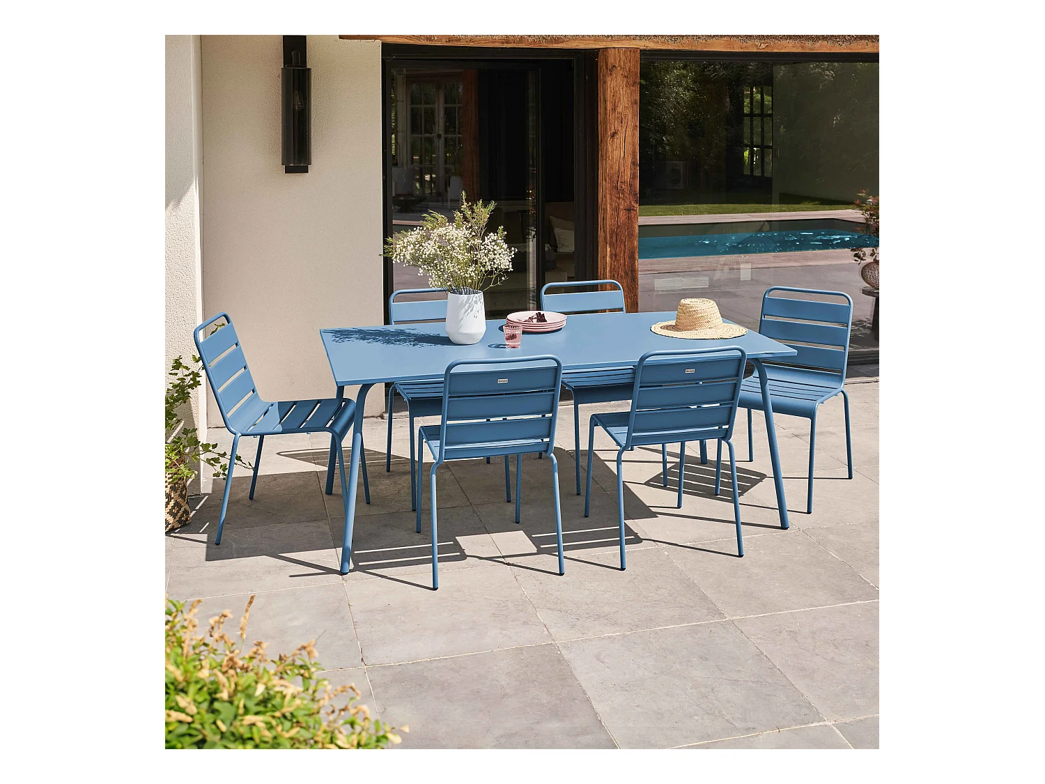 Ensemble table de jardin et 6 chaises en métal bleu pacific - Palavas