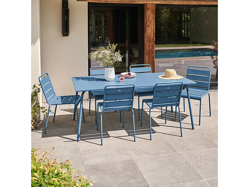 Tuinset met tafel en 6 stoelen in blauw pacifisch metaal