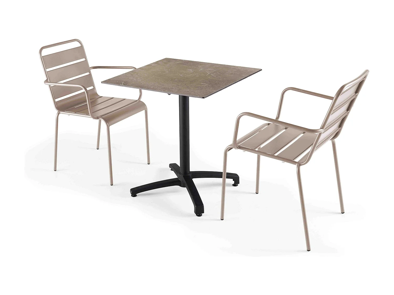 Ensemble table stratifié marbre plateau beige et 2 fauteuils taupe