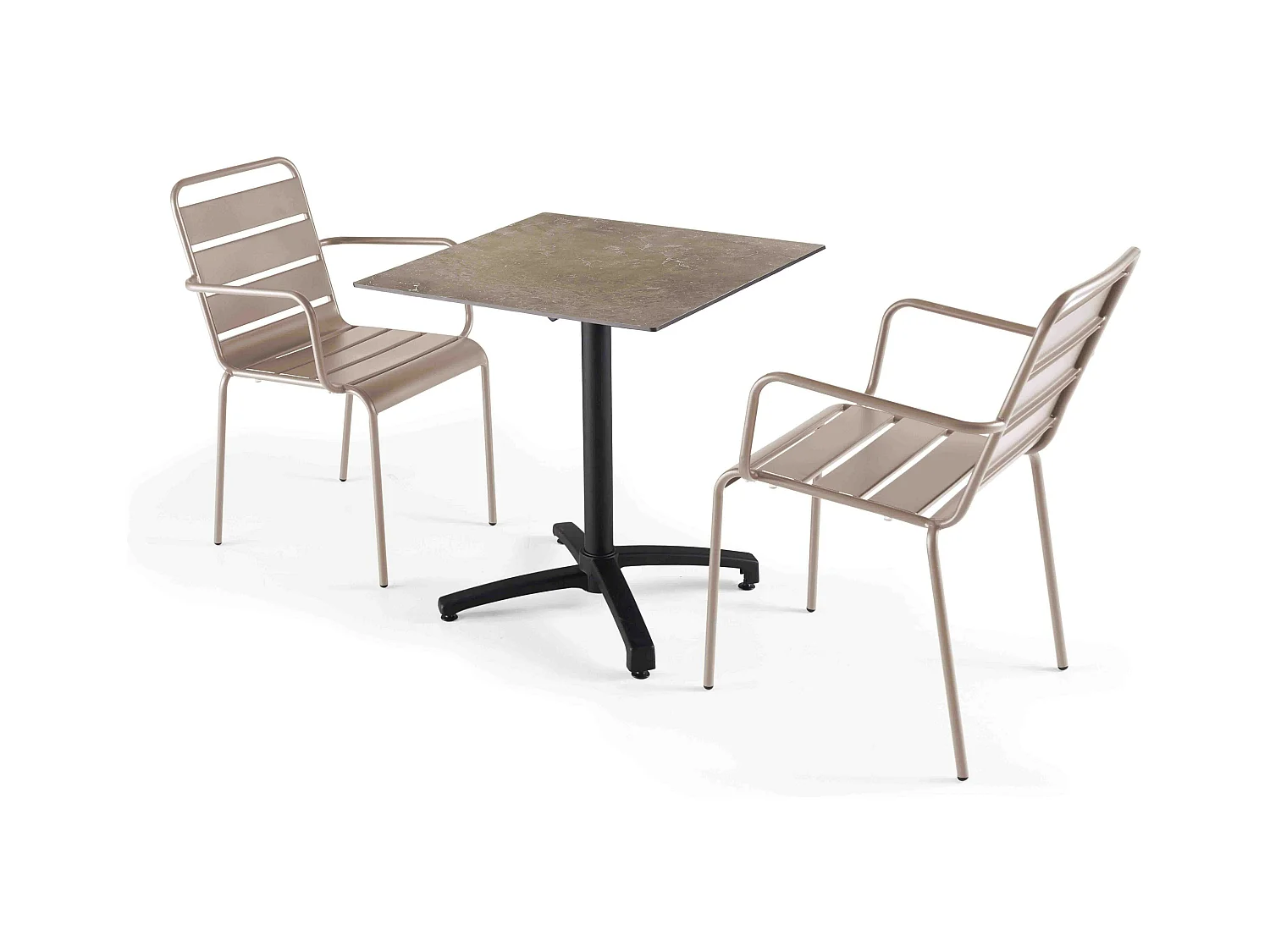 Ensemble table stratifié marbre plateau beige et 2 fauteuils taupe