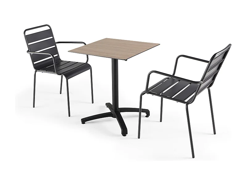 Ensemble table de terrasse stratifié chene et 2 fauteuils gris